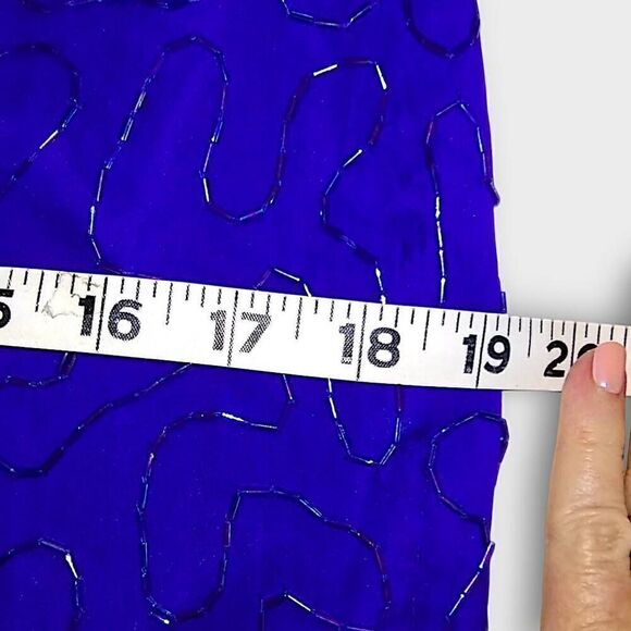 VTG Denise Elle Formal Gown‎ Sz Medium Blue Silk Beaded 80s Maxi Mermaid Glam - Picture 12 of 16